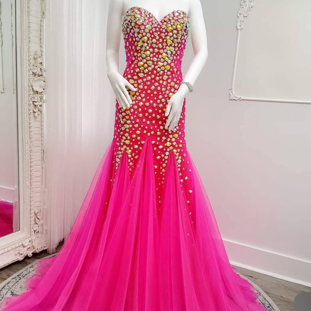 Stunning Pink Strapless Gown with Gold Accents prom